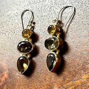 Vintage 925 Sterling Citrine & Smoky Quartz Drop Earrings 11.82g